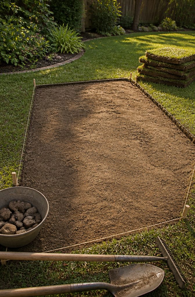 How to Do DIY Lawn Leveling in 7 Steps, From Measuring to Sod 2 Shovel beside removed turf and bare soil in a marked lawn patch