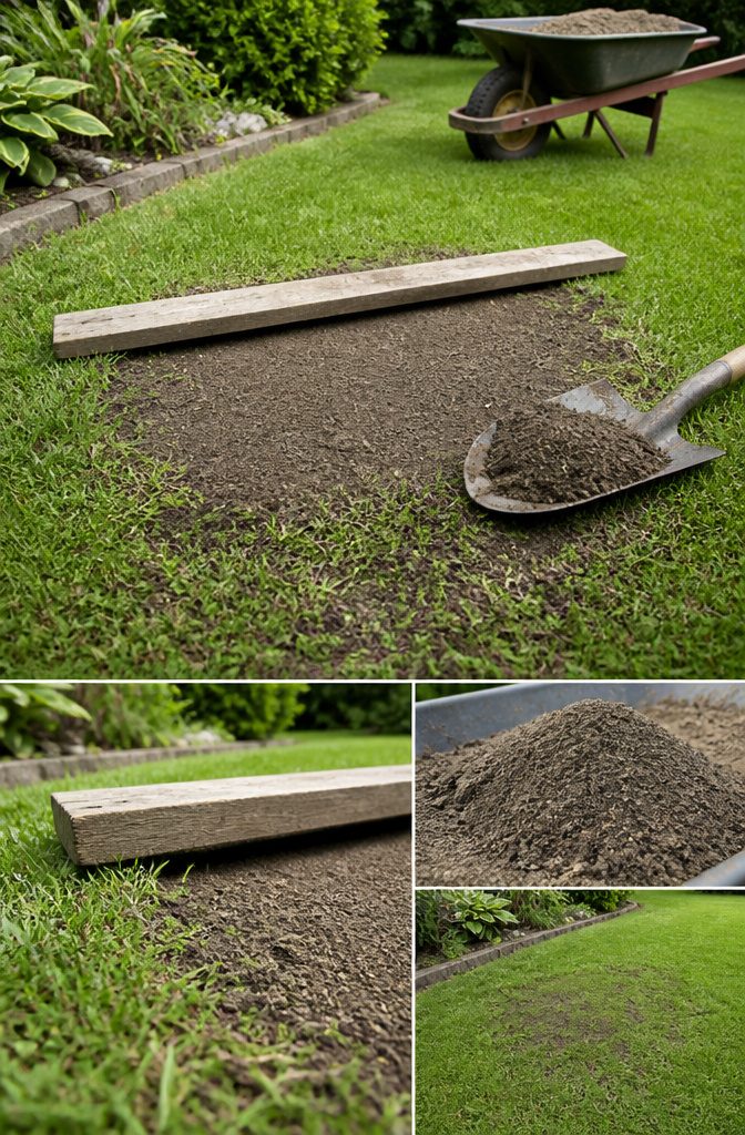 How to Do DIY Lawn Leveling in 7 Steps, From Measuring to Sod 4 Sand and topsoil spread in a low lawn patch under a straight board