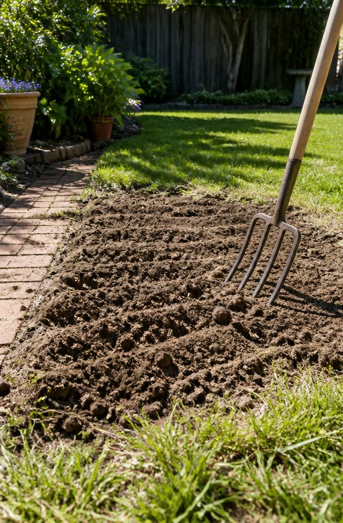 How to Do DIY Lawn Leveling in 7 Steps, From Measuring to Sod 3 Garden fork beside dry soil opened into rows of coarse ridges