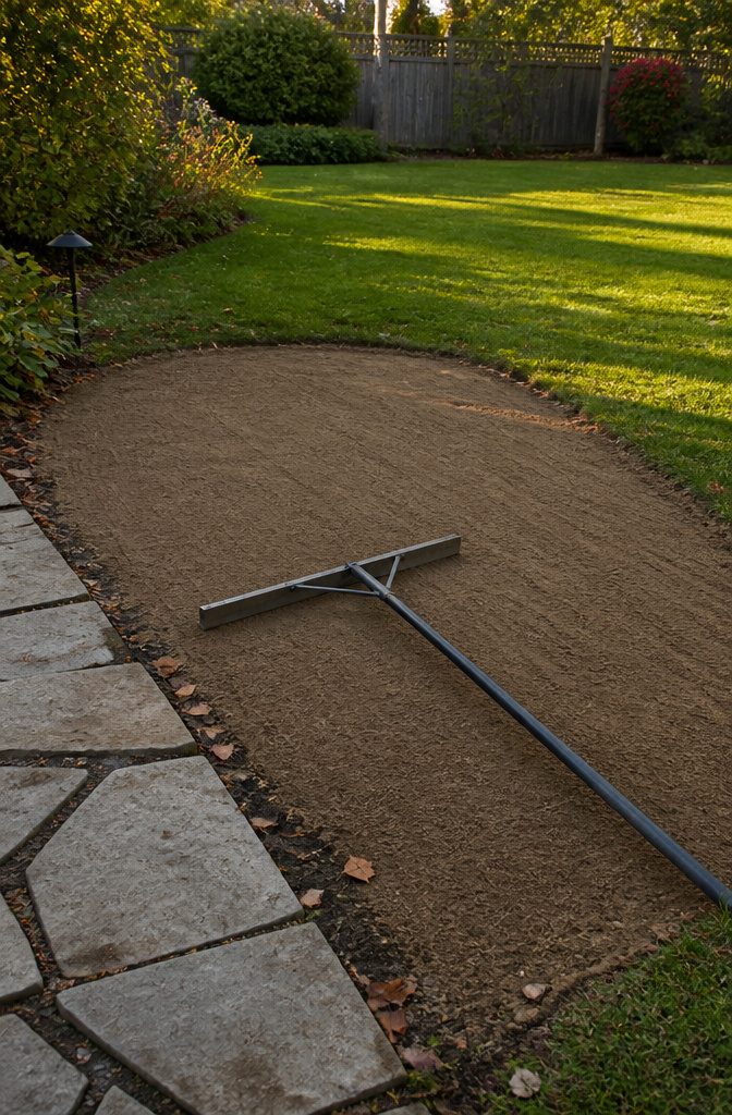 How to Do DIY Lawn Leveling in 7 Steps, From Measuring to Sod 5 Wide-headed lawn rake lying across smooth soil beside older grass