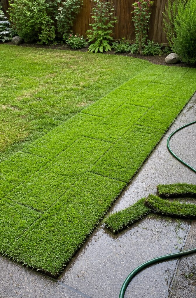 How to Do DIY Lawn Leveling in 7 Steps, From Measuring to Sod 7 Green sod sections with aligned seams beside a garden hose