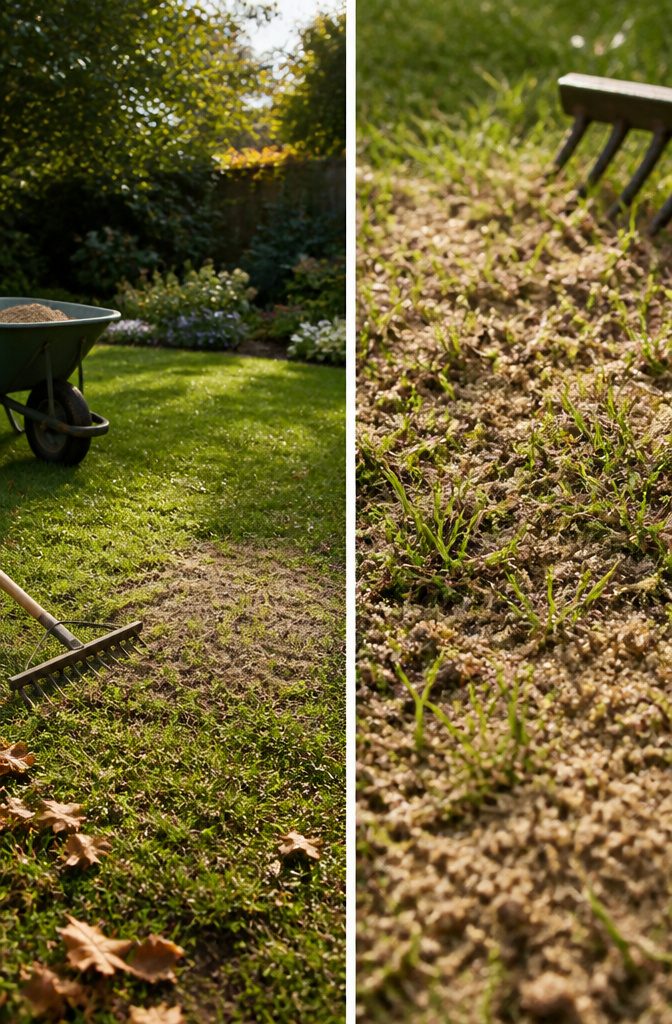 How to Do DIY Lawn Leveling in 7 Steps, From Measuring to Sod 8 Rake spreading sand and topsoil through grass in a shallow patch