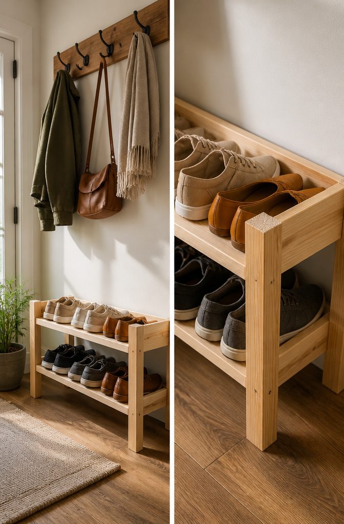 DIY Shoe Rack: 10 Plans for Wall, Tower, Bench and Closet Builds 2 A quick and easy 2-tier shoe rack made from wood.