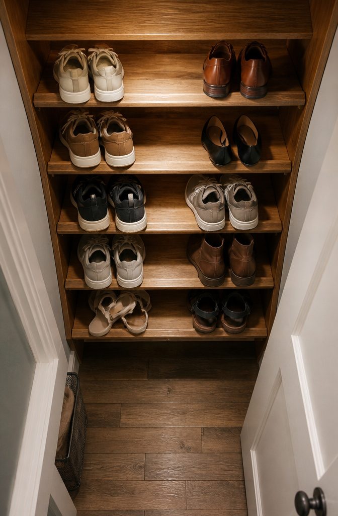 DIY Shoe Rack: 10 Plans for Wall, Tower, Bench and Closet Builds 10 Angled shoe shelves inside a closet for efficient storage.
