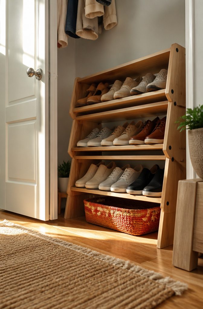 DIY Shoe Rack: 10 Plans for Wall, Tower, Bench and Closet Builds 4 Three stackable shoe rack modules for storing shoes.