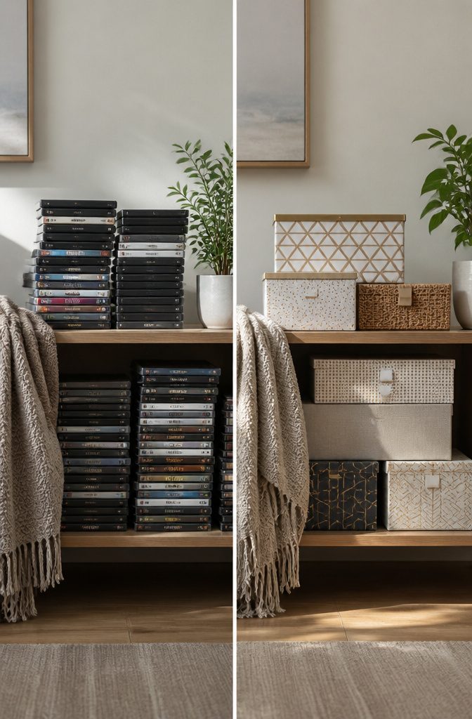 10 DVD Storage Ideas for Organizing Movies in 2026 8 A set of decorative boxes used for hiding DVD storage.