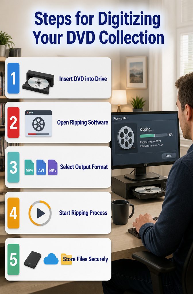 10 DVD Storage Ideas for Organizing Movies in 2026 10 An infographic showing steps for digitizing a DVD collection.