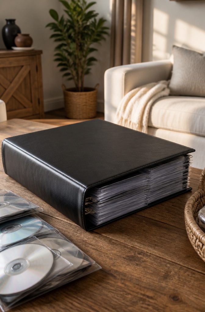 10 DVD Storage Ideas for Organizing Movies in 2026 1 A binder with DVD sleeves sits on a wooden table in a cozy room.