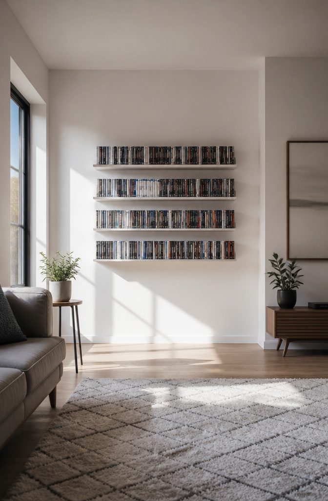 10 DVD Storage Ideas for Organizing Movies in 2026 4 Floating shelves display DVD cases without visible brackets underneath.
