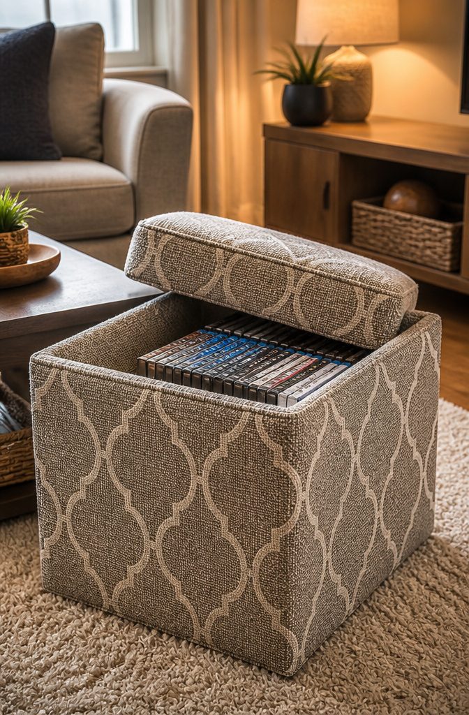 10 DVD Storage Ideas for Organizing Movies in 2026 6 An ottoman with a cushion top that contains DVDs inside.