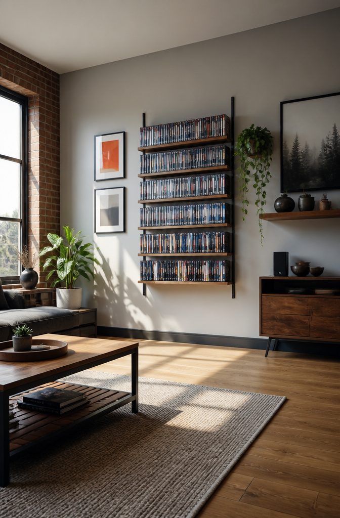 10 DVD Storage Ideas for Organizing Movies in 2026 3 Wall-mounted shelves hold DVD cases in a tidy arrangement.