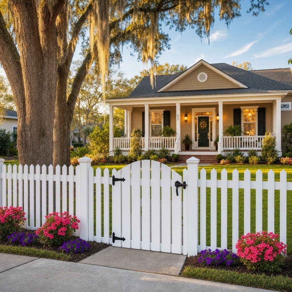 White picket fence and gate in front of a house with pink flowers.