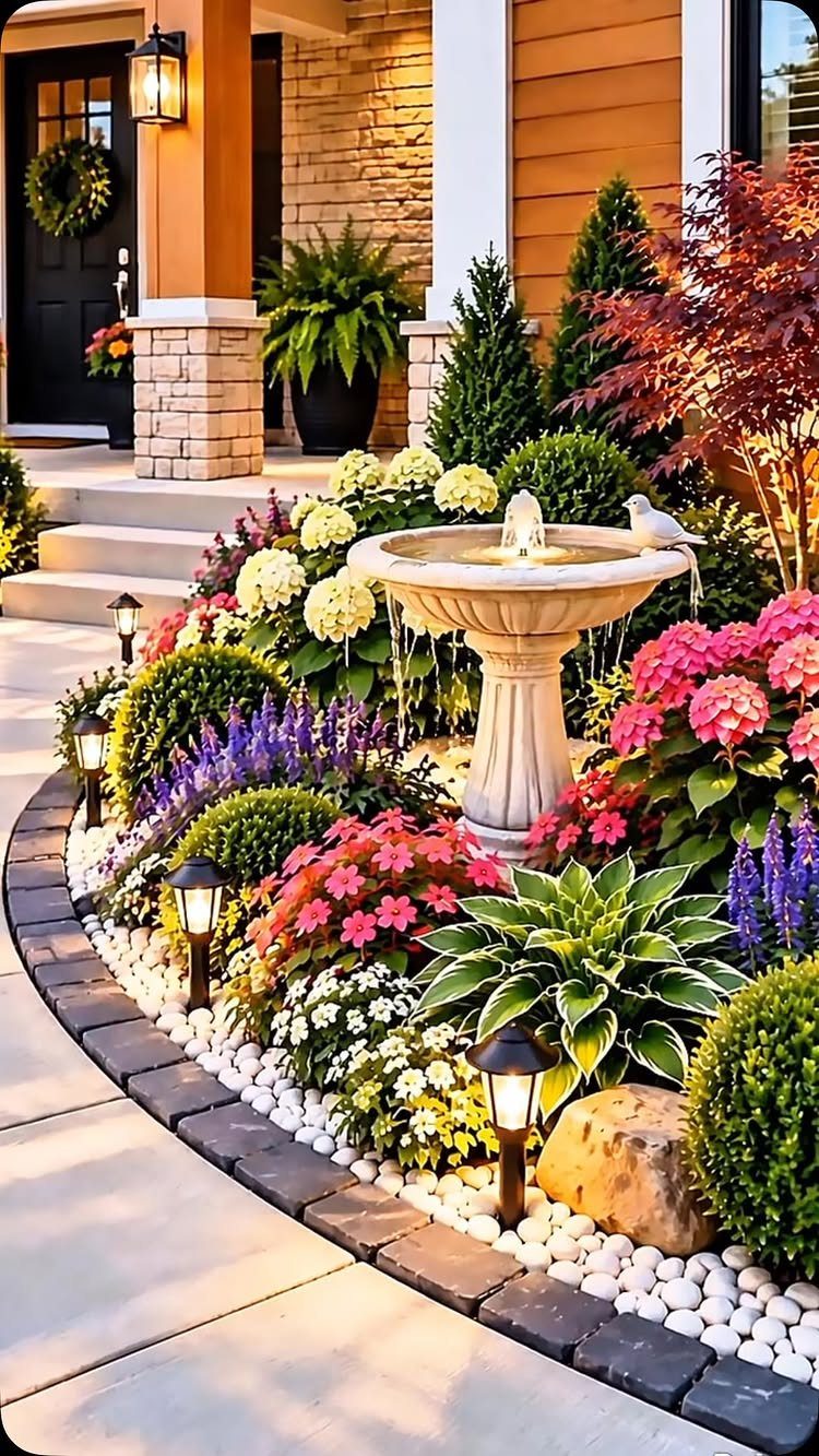 Stone tiered fountain surrounded by colorful flowers and shrubs in a front yard garden.