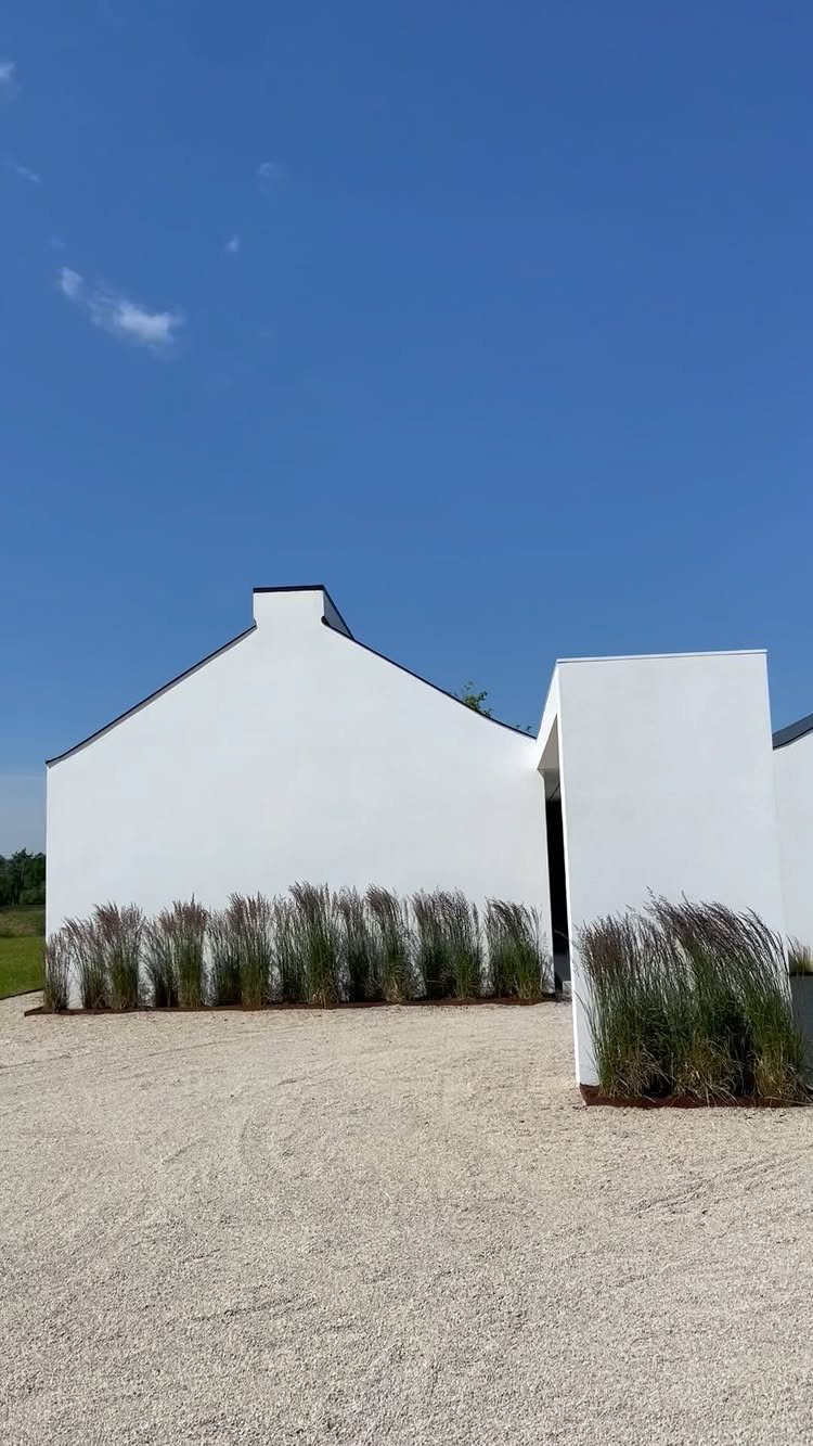 Ornamental grasses planted along the base of a white modern building with gravel driveway.