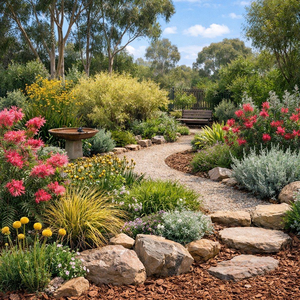Gravel garden path surrounded by colorful flowering plants, large stones, and a birdbath.
