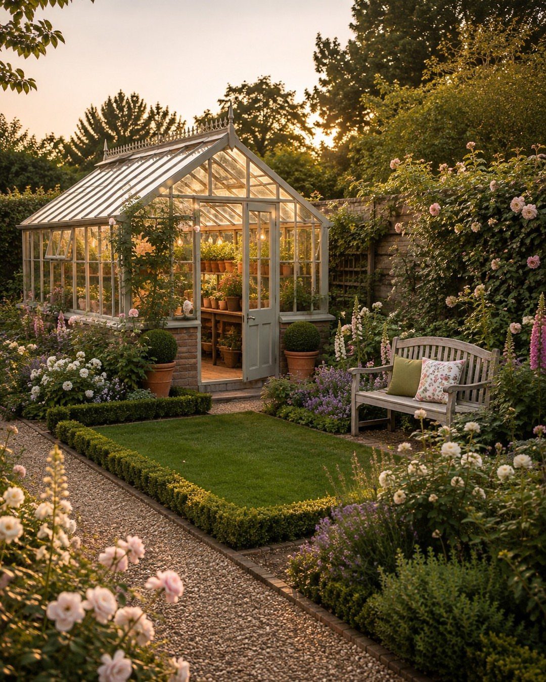 Glass greenhouse in a landscaped garden with gravel paths and blooming flowers.