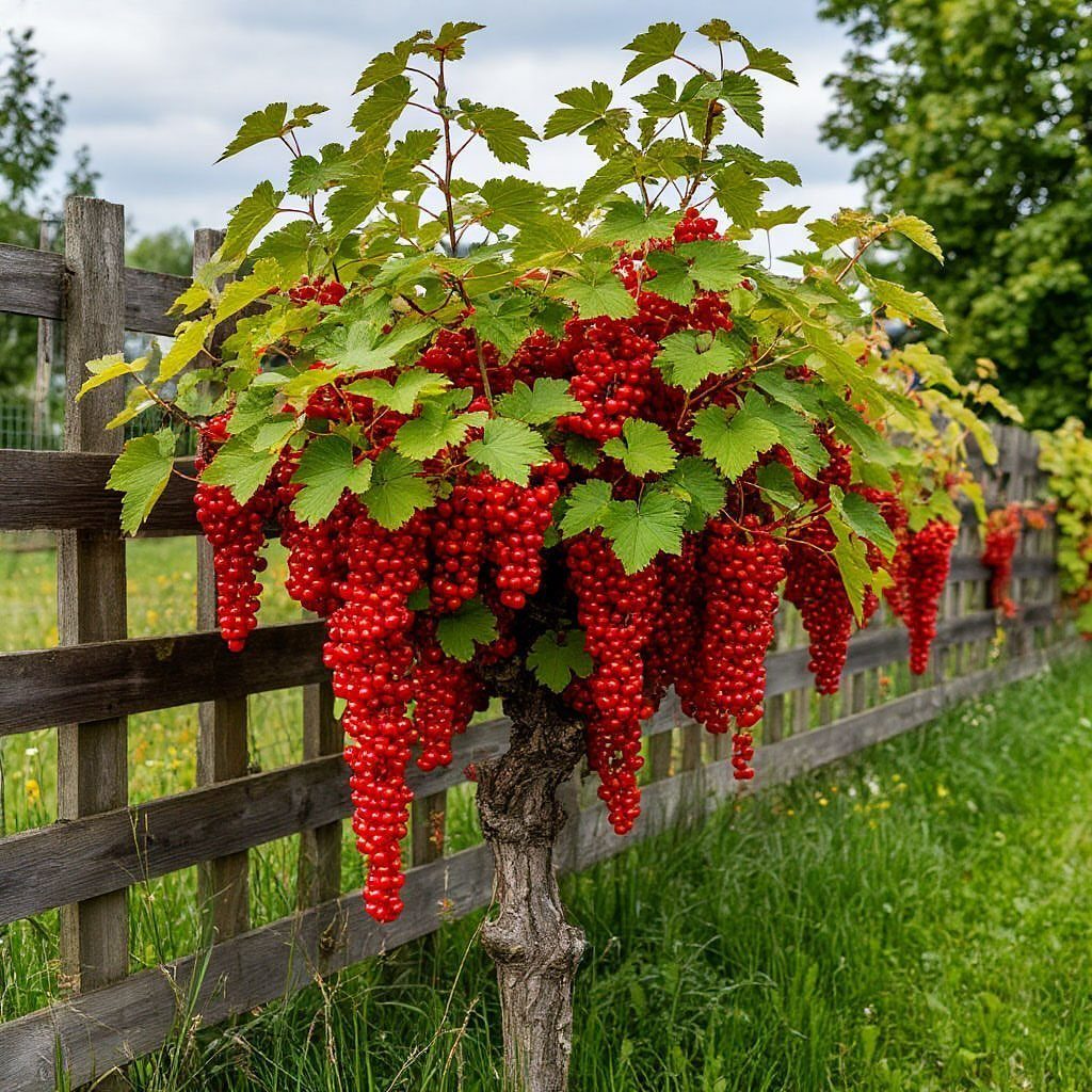 Redcurrant shrub with red berries growing along a wooden fence in a green garden.
