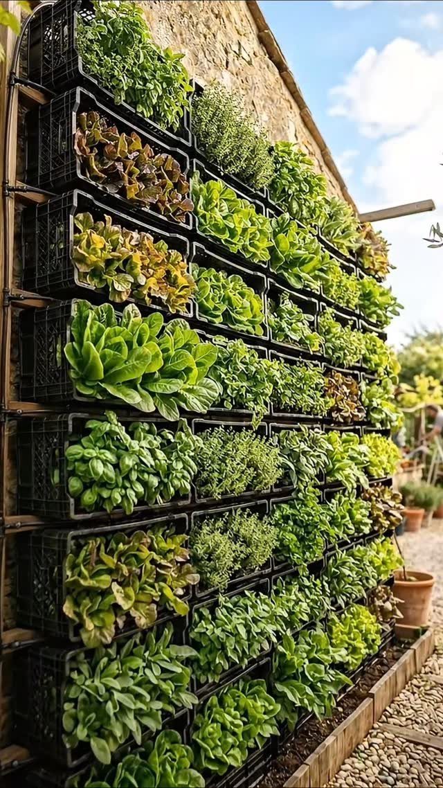 Vertical wall of black plastic crates filled with various edible leafy greens and herbs.