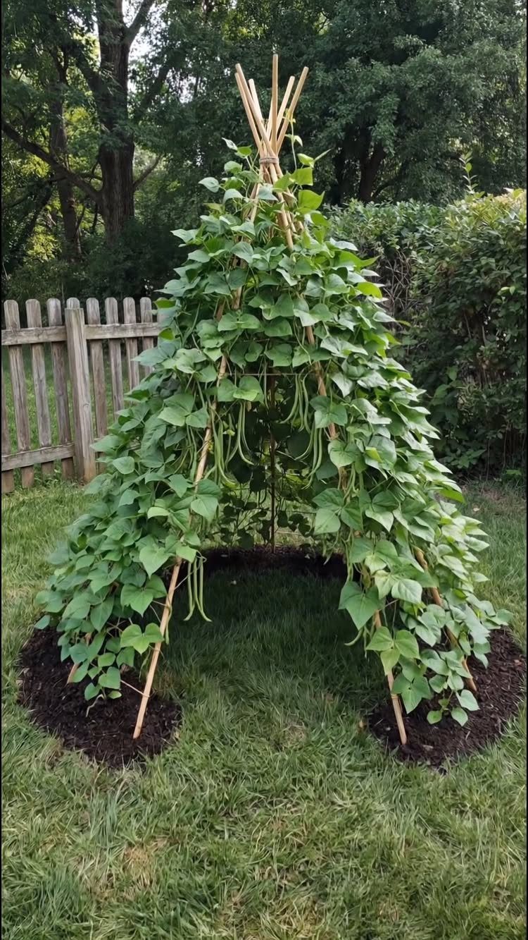 Conical bamboo trellis supporting climbing green bean plants in a grassy backyard garden.