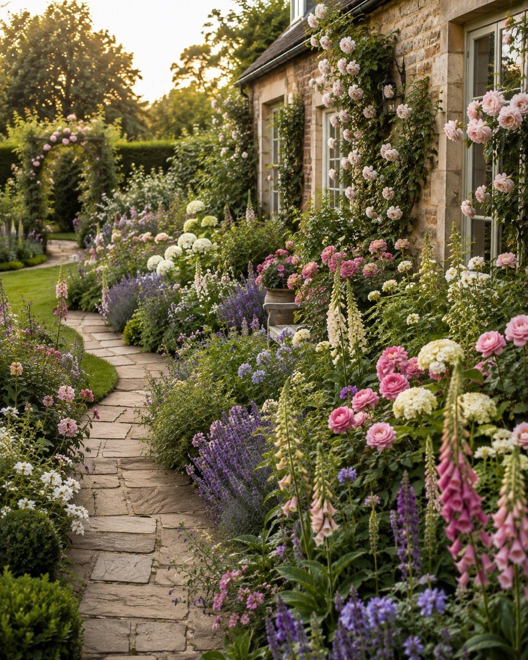Stone path winding through a lush English country garden with colorful blooming flowers.