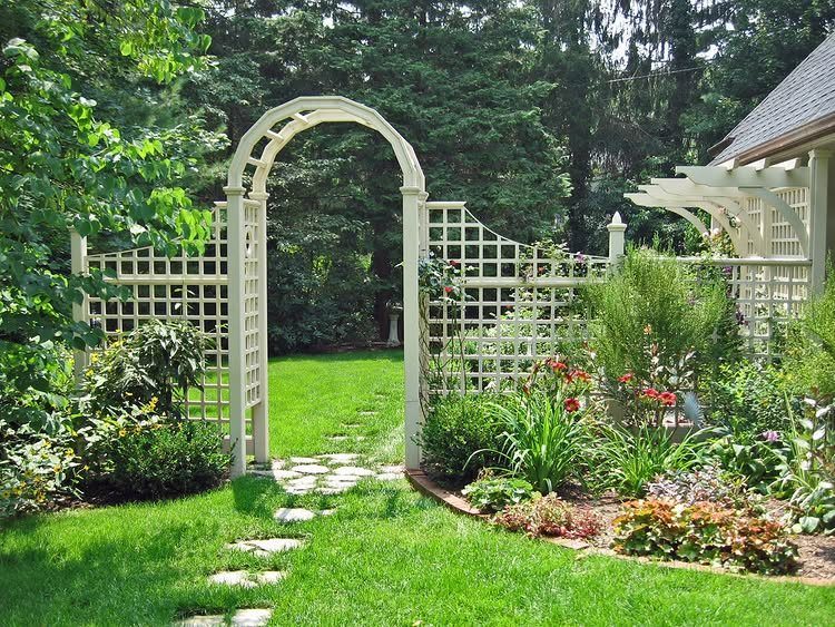English Garden Design Ideas: 10 Classic Elements to Use 3 White wooden garden arch and trellis fence bordering a lush green lawn and path