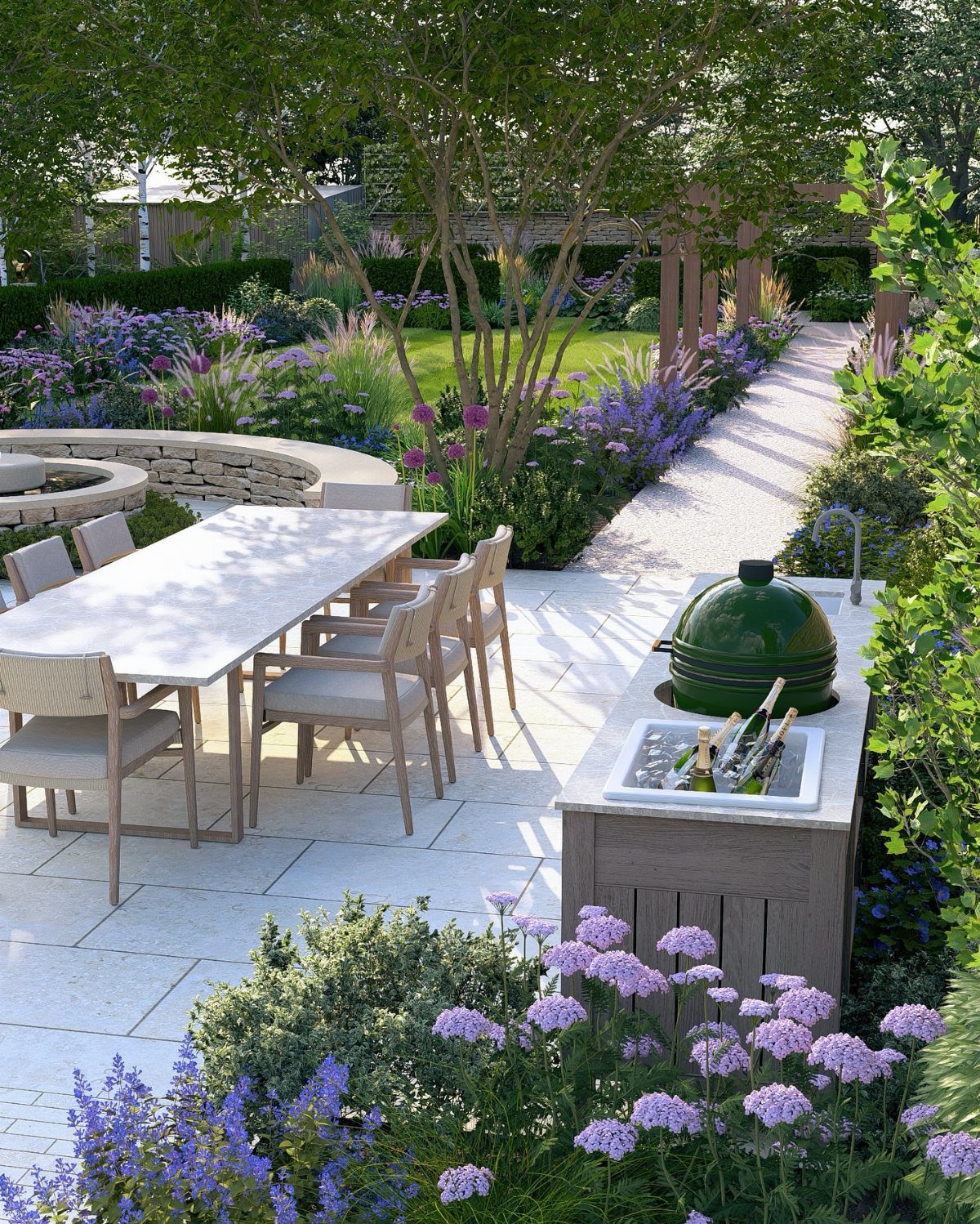 English Garden Design Ideas: 10 Classic Elements to Use 10 Outdoor dining patio with a green grill and a lawn between flower beds.