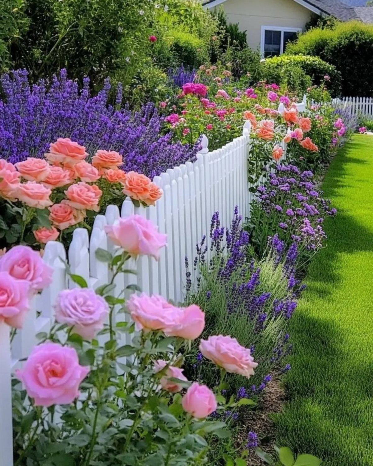 English Garden Design Ideas: 10 Classic Elements to Use 8 Pink roses and purple lavender blooming along a white picket fence in a garden.