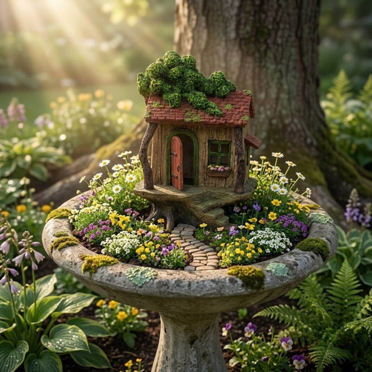 Miniature fairy house and colorful flowers arranged inside a stone birdbath garden.