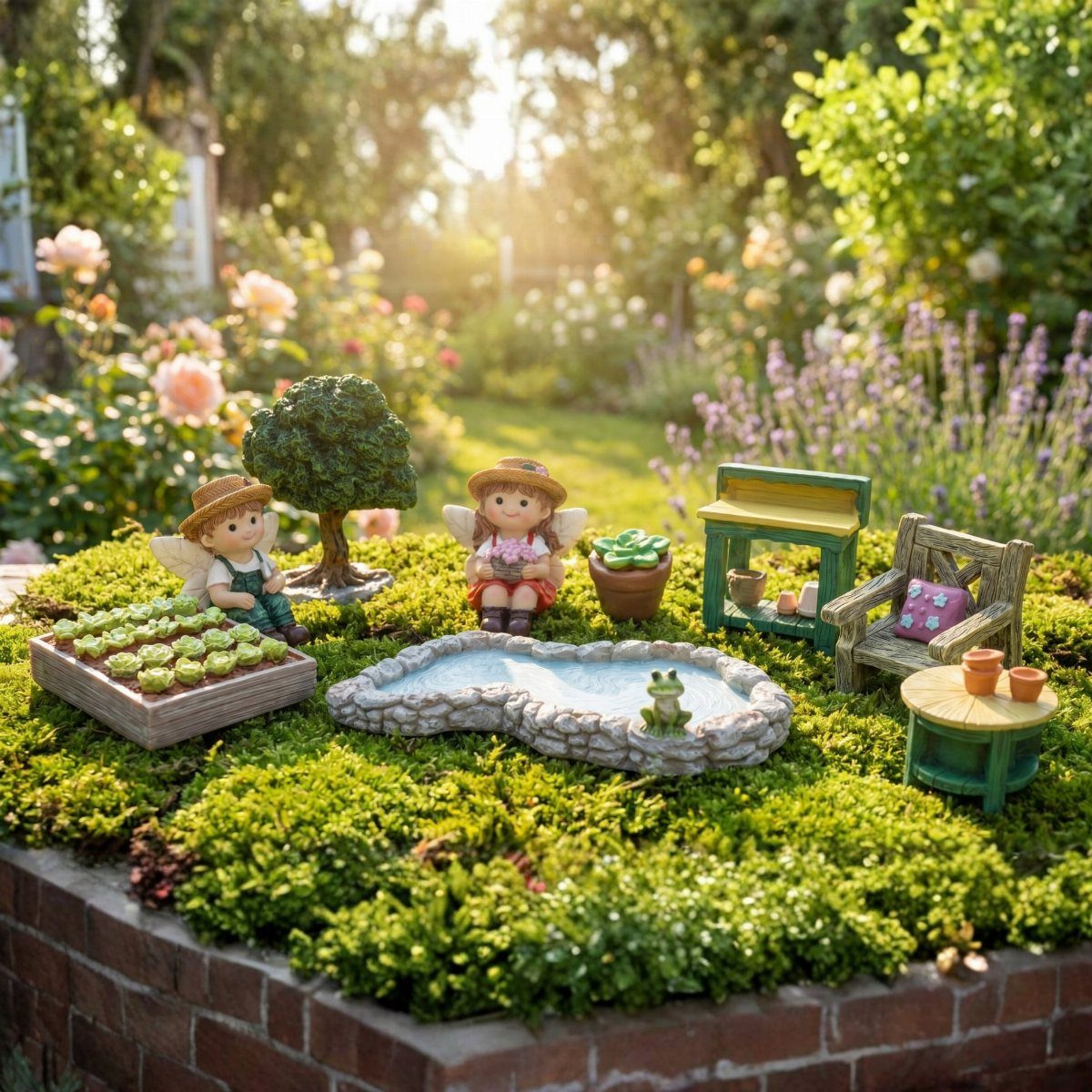 Miniature fairy garden with figurines, a small pond, and furniture in a brick planter.