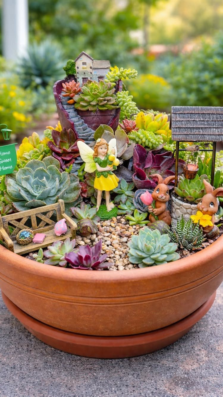 Miniature succulent garden in a terracotta pot featuring a broken purple pot tier.