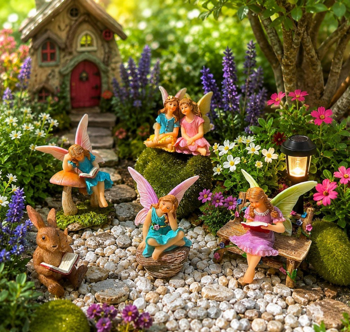 Miniature fairy figurines and a rabbit reading books in a lush fairy garden.
