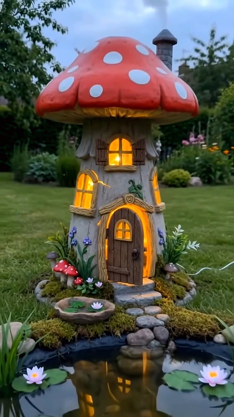 Mushroom-shaped fairy house with glowing windows next to a small pond with lilies.