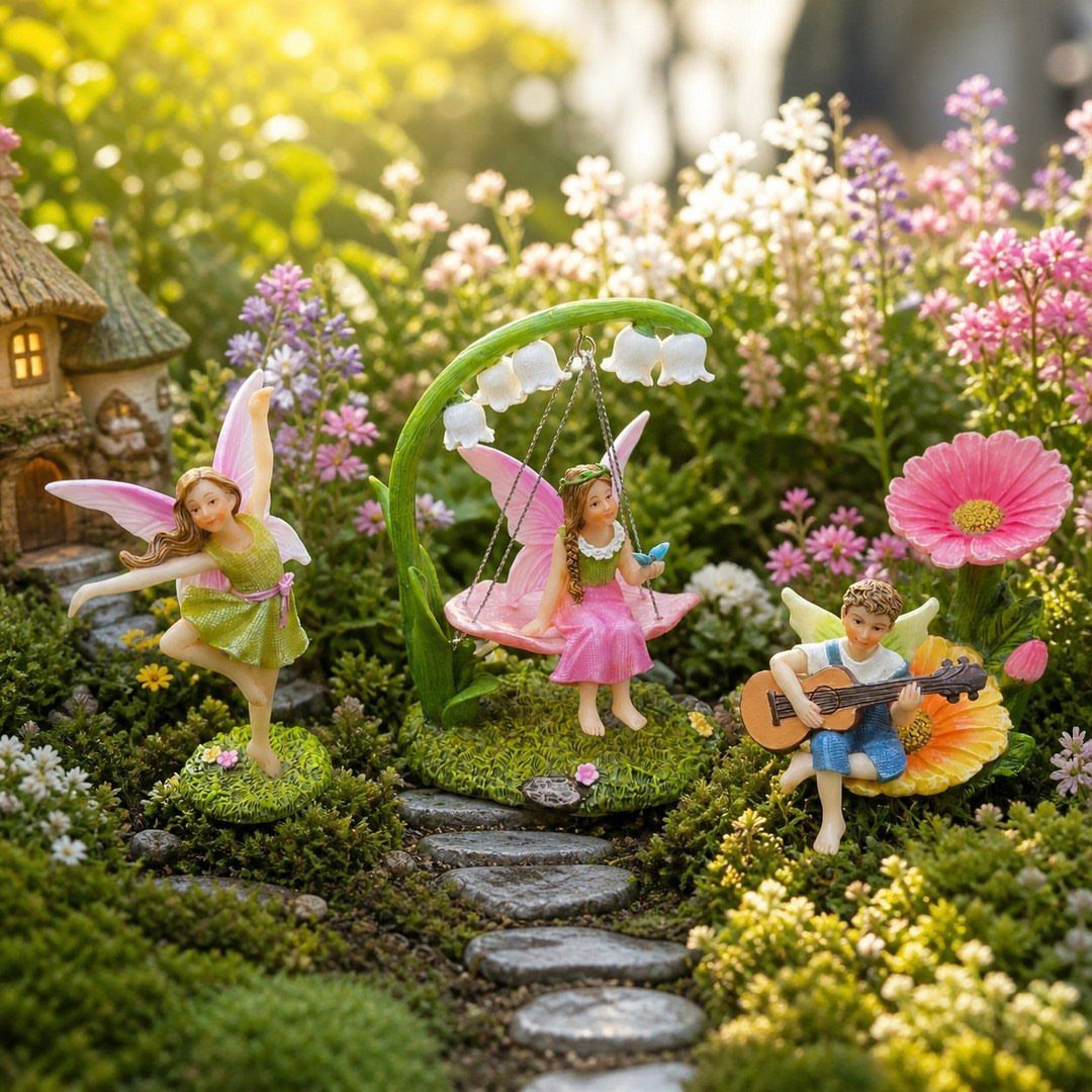 Miniature fairy sitting on a pink swing in a colorful flower garden.
