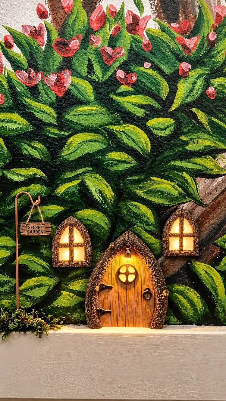 Miniature fairy house with glowing windows and a small hand-painted wooden sign.