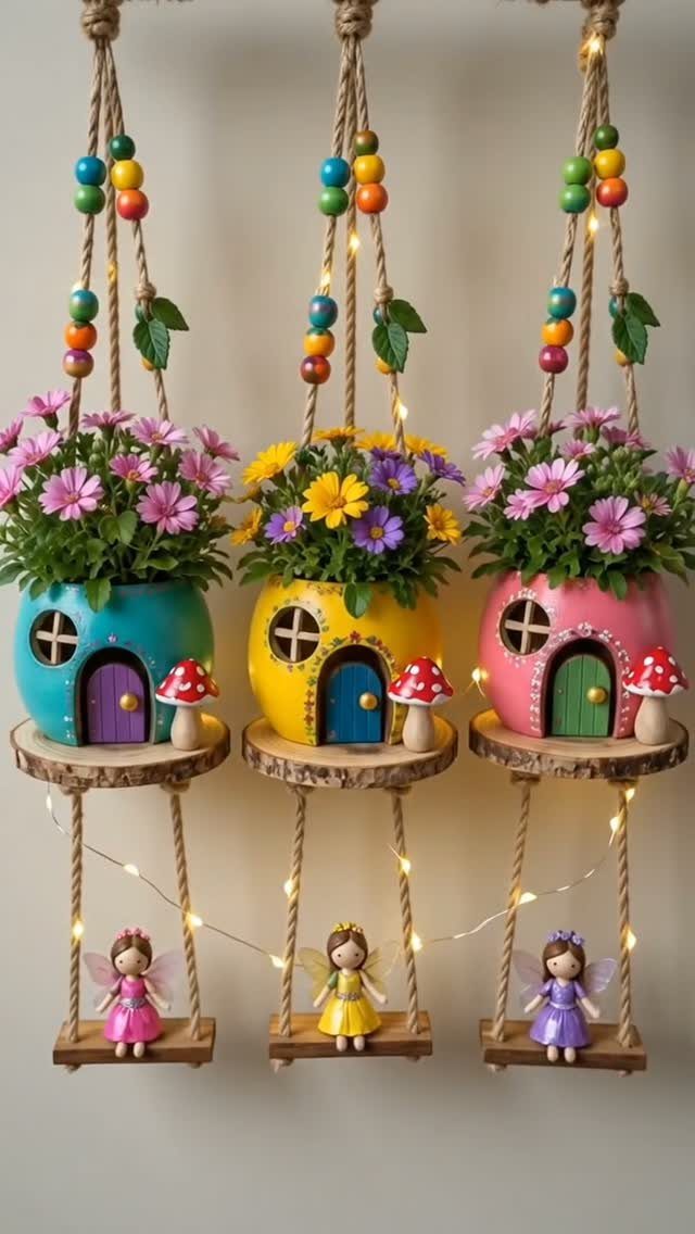 Colorful hanging fairy house planters with flowers and tiny fairy figurines on platforms.