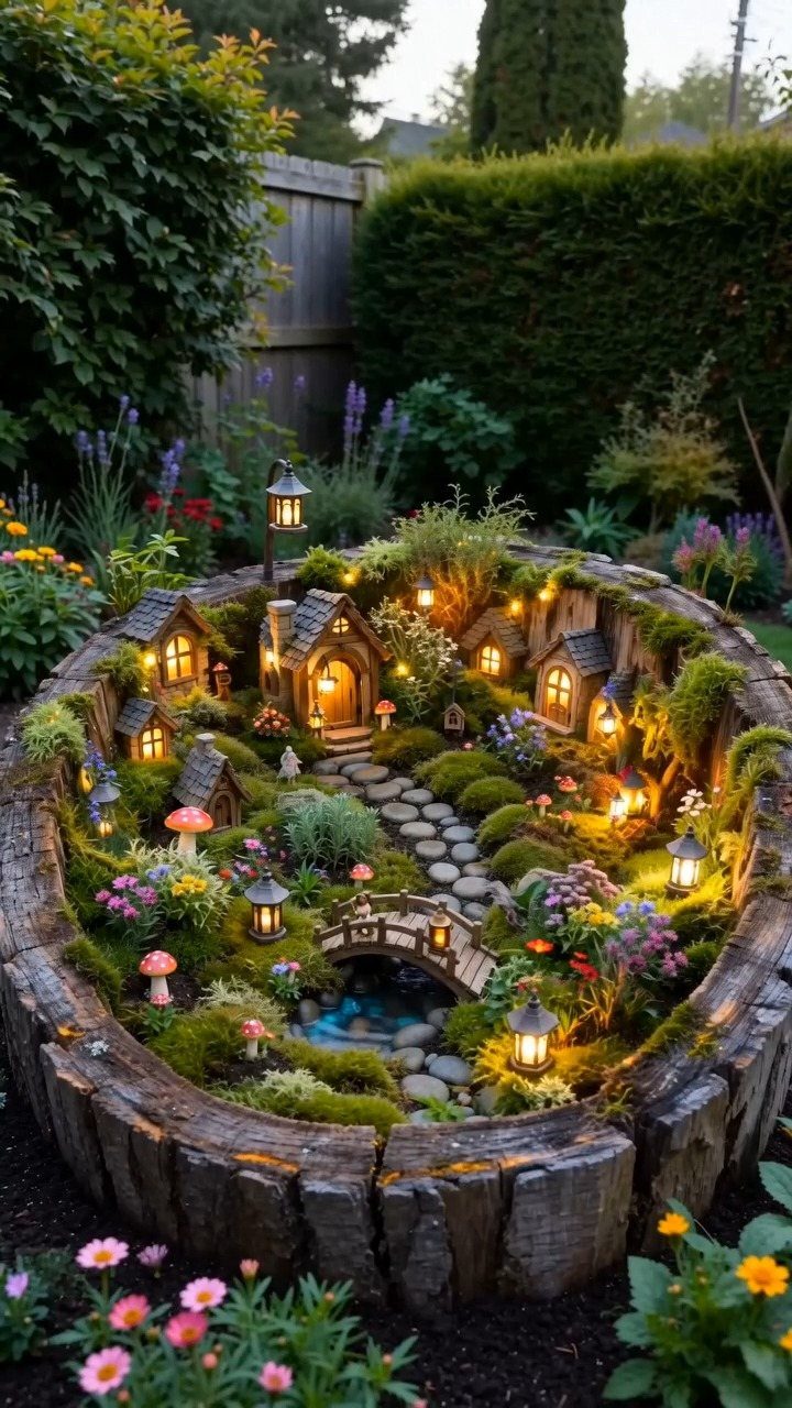 Miniature fairy garden with tiny lit houses and a bridge inside a log circle.