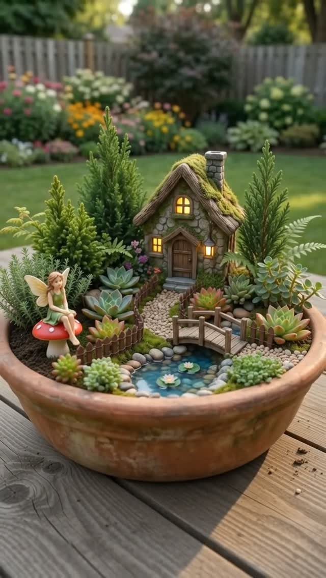 Miniature fairy garden in a terracotta bowl with a small pond and stone cottage.