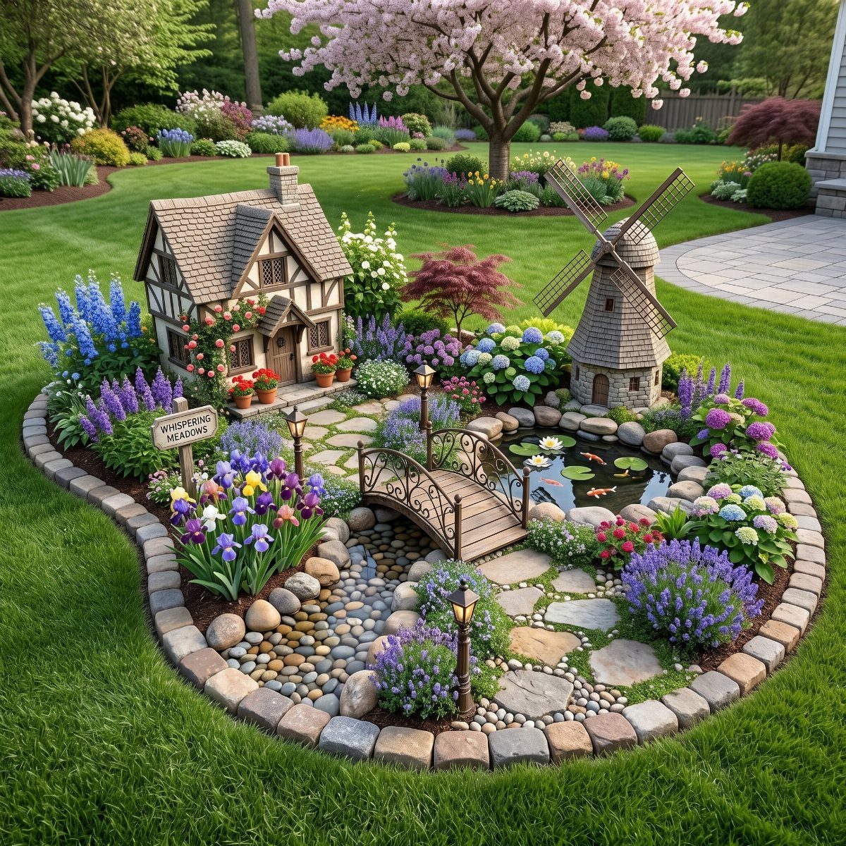 Miniature fairy garden with a cottage, windmill, and bridge surrounded by colorful flowers.