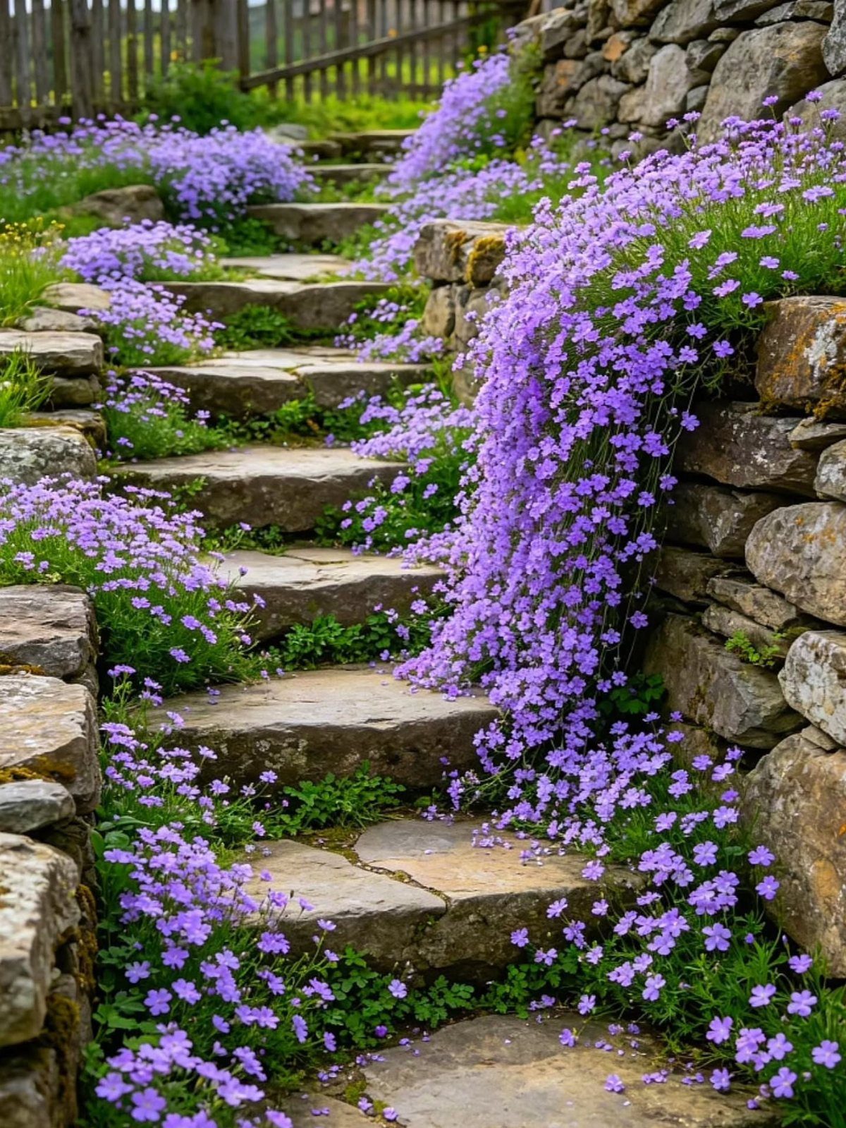 Stone steps winding through a garden with cascading purple flowers and stone walls.