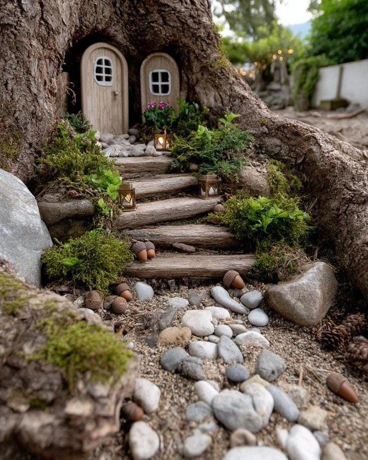 Miniature fairy house built into tree roots with tiny doors and pebble path.