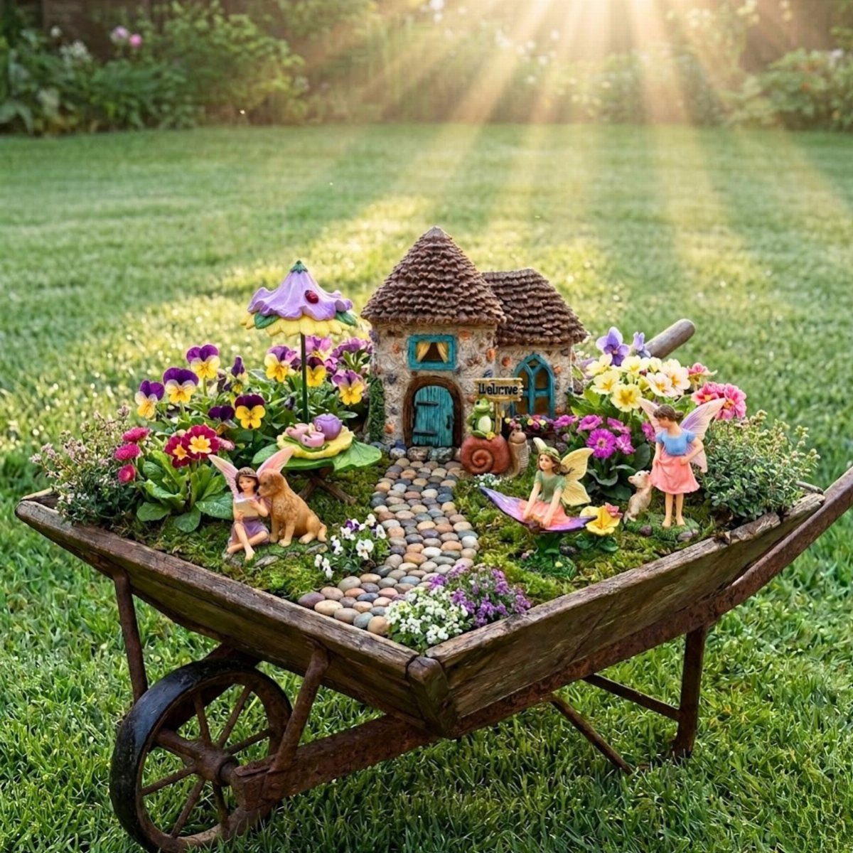 Miniature fairy garden with a cottage and figurines inside a rusty metal wheelbarrow.
