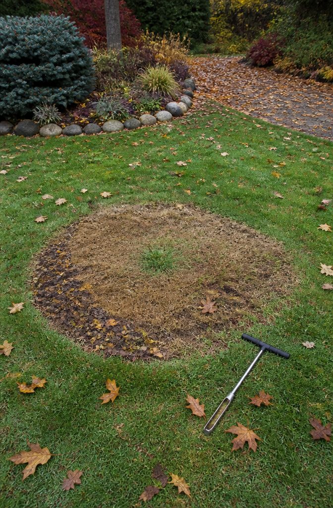 Fall Yard Maintenance: A Practical Guide to Lawn and Garden 8 Circular brown lawn patch with green center and wet leaves