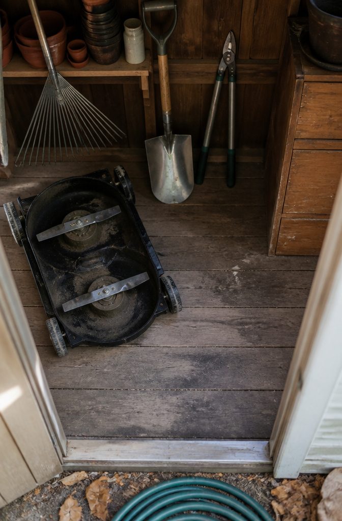 Fall Yard Maintenance: A Practical Guide to Lawn and Garden 14 Rakes shovels pruning shears and lawn mower stored in a dry space
