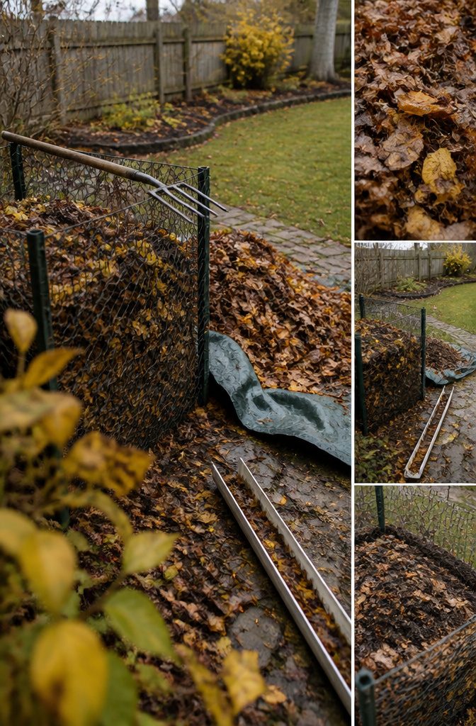 Fall Yard Maintenance: A Practical Guide to Lawn and Garden 16 Tarp of fallen leaves beside a chicken wire compost enclosure