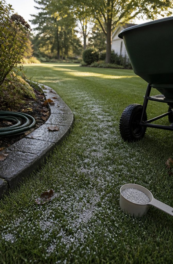 Fall Yard Maintenance: A Practical Guide to Lawn and Garden 3 Granular lawn fertilizer and rotary spreader beside damp grass