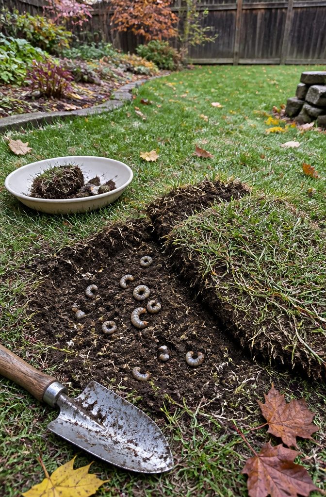 Fall Yard Maintenance: A Practical Guide to Lawn and Garden 11 Pale grubs in dark soil under lifted brown lawn turf