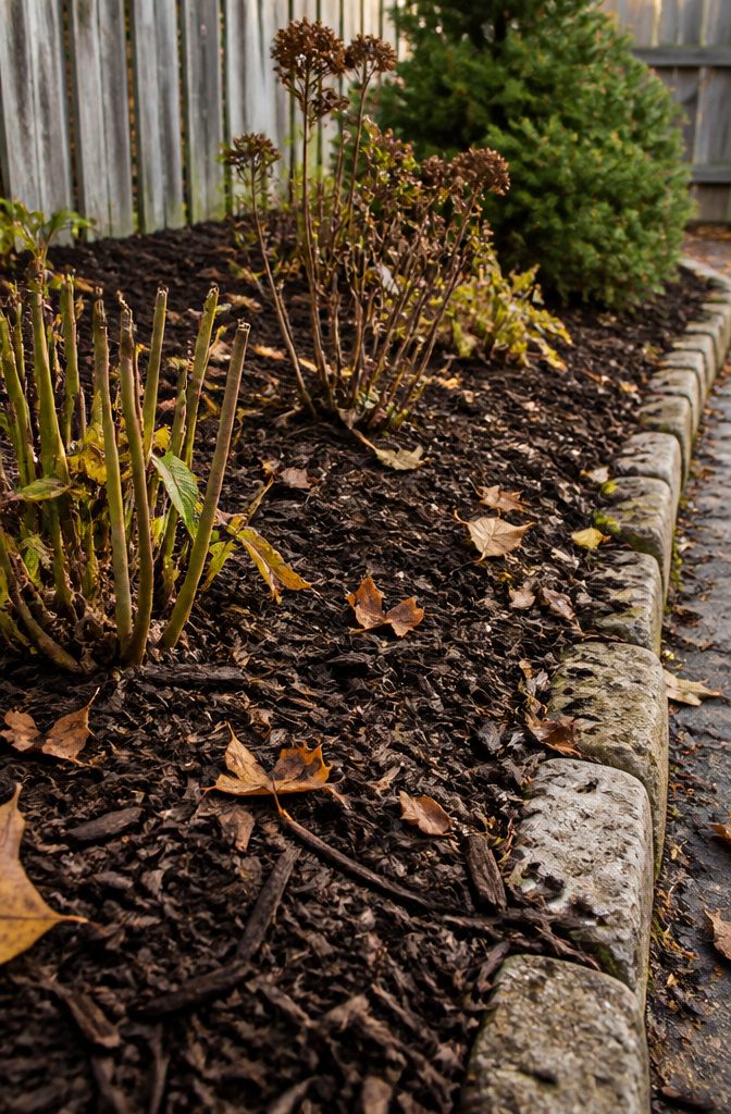 Fall Yard Maintenance: A Practical Guide to Lawn and Garden 9 Organic mulch spread around plants in an autumn garden bed