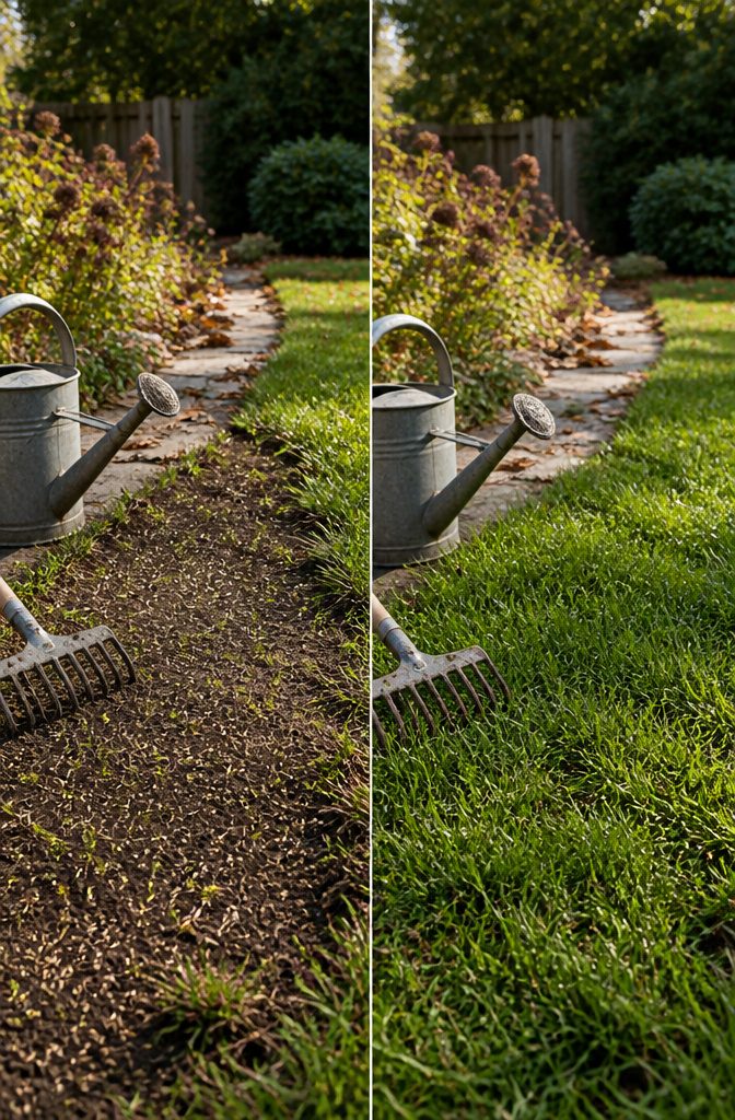 Fall Yard Maintenance: A Practical Guide to Lawn and Garden 5 Thin bare patch of lawn surrounded by green grass and fallen leaves