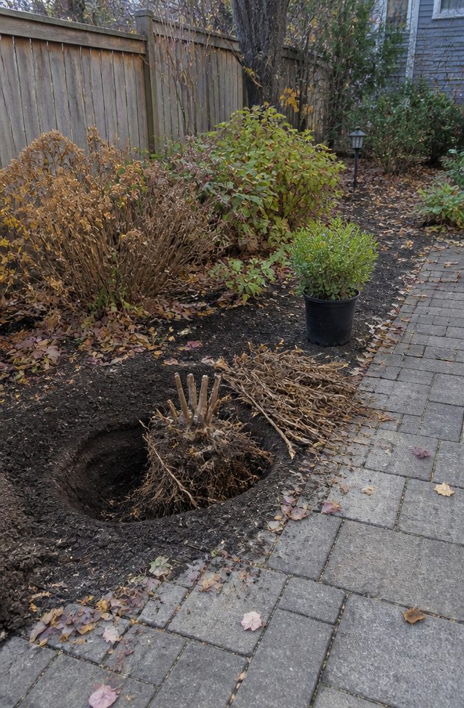 Fall Yard Maintenance: A Practical Guide to Lawn and Garden 13 Bare shrub in a garden bed with fallen leaves around its base