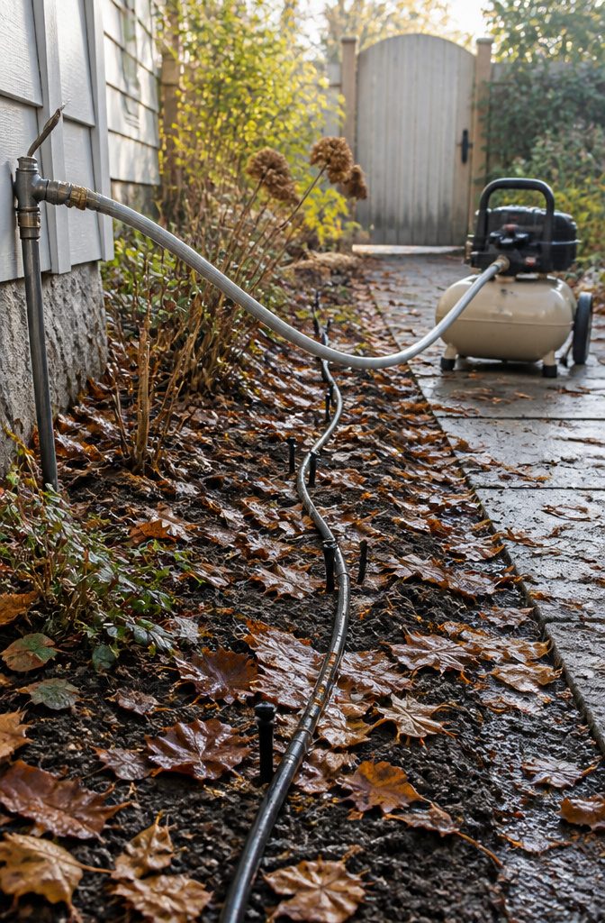 Fall Yard Maintenance: A Practical Guide to Lawn and Garden 12 Black drip tubing connected to an air hose beside dormant perennials